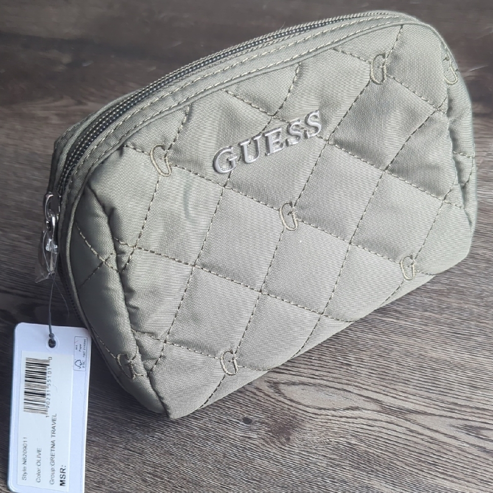 Guess Quilted Cosmetic Bag in Olive Green